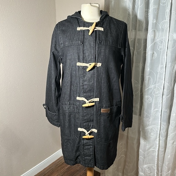Denim & Co Lined Charcoal Denim Utility Hooded Coat Toggle Button Closure M NEW - Picture 2 of 16